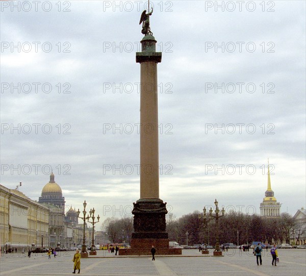 The 47,5 m, tall alexander column hewn in 1830-34 from a monolith weighing 600 tons, rising in the centre of the dvortsovaya square with a sculpture of an angel on the top needs a restoration costing at least 14 million roubles,this unique monument created by designer auguste de montferrand and sculptor boris orlovsky to commemorate russian victory over napoleon in 1812, it will take one year to restore the monument as a whole, st,petersburg, russia, april 7,2001.