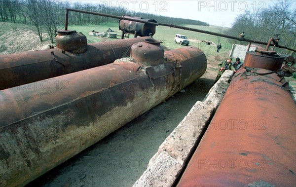 stavropol territory, russia, april 12, one of the illegal mini-refineries near chechnya (in pic), the law enforcement bodies regulaly find mini- refineries in the territory of kursky region that are more typical of chechnya, they are always put out of order by militia but very often their operators try to repair them and use for motor fuel production, such illegal refineries do a lot of harm to economy, ecology and the cars using the low grade fuel.