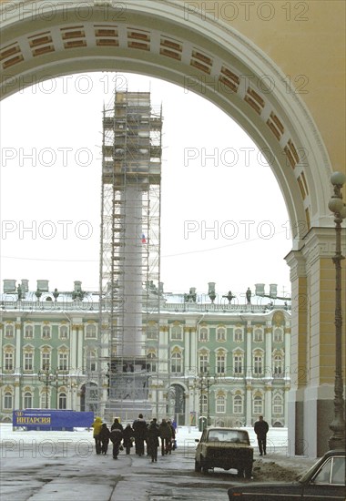 The 47,5 m, tall alexander column hewn in 1830-34 from a monolith weighing 600 tons, rising in the centre of the dvortsovaya square with a sculpture of an angel on the top needs a restoration costing at least 14 million roubles, this unique monument created by designer auguste de montferrand and sculptor boris orlovsky to commemorate russian victory over napoleon in 1812, it will take one year to restore the monument as a whole,st,petersburg, russia, april 7,2001.