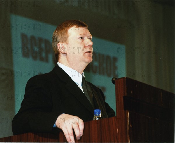 Moscow, russia, april 6 2002, anatoly chubais, chairman of board of the russian stock company 'unified energy systems of russia' (rao ees) speaking on friday at the conference of leaders of the russian power industry, about 300 heads of power industry enerprises summed up the results of the energy system's work during autumnand winter time, (photo itar-tass/viktor klyushkin) .