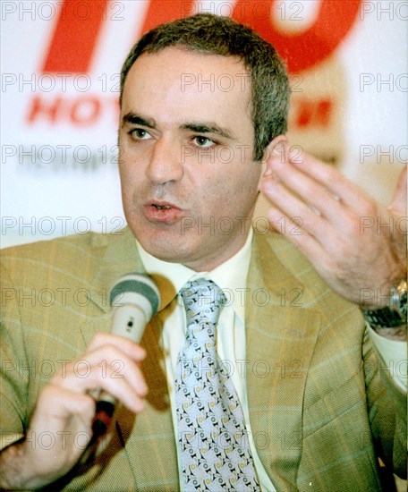 Moscow, russia, may 30, grand master garry kasparov, speaks at the press-conference on the second round of the chess grand prix which took place in the mikhail botvinnik central house of chess player thursday, moscow, this major tournament will take place in the 'mezhdunarodnaya' hotel from june 1 through 5, the organizer of this tournament is the fide.