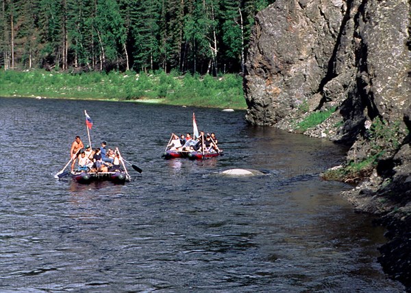 Catamarans on the shchekurya mountain stream, khanty-mansi autonomous district, russia.