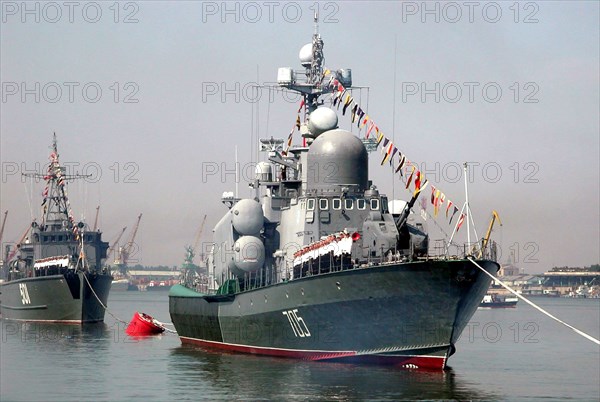Russian navy day festivities in astrakhan, russia, july 28, a missile ship (in pic) takes part in the festivities on the occasion of the russian navy day, in astrakhan, where the main caspian fleet's military base is dislocated, on sunday, russian navy commander-in-chief admiral vladimir kuroyedov and commander of the north-caucasus military district gennady troshev are taking part in the festivities.