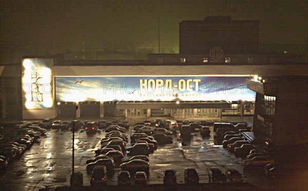 Moscow, russia, 10/24/02: general view of the palace of culture seized by terrorists on wednesday evening, people, who had come to watch the musical play nordt-ost, were taken hostages there, omon and sobr anti-riot police units surrounded the place now.