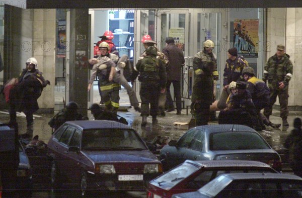 Moscow, russia,10/26/02: chechen hostage crisis: special forces personnel carry out the hostages, barayev and 35 terrorists including those with explosives attached to their bodies, were killed, the hostages are free.
