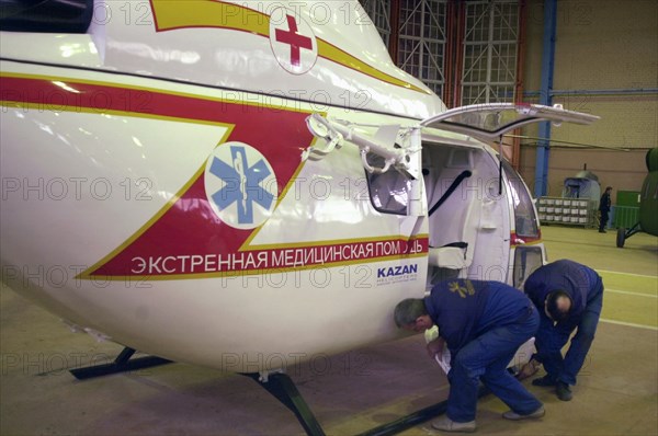 Tatarstan,russia, november 27 2002: the 'ansat' multi- purpose helicopter in the variant of an air-ambulance pictured in the assembly shop of the 'kazan helicopter plant', the helicopter designed both for military and civil purposes was developed at the plant , (photo mikhail medvedev).