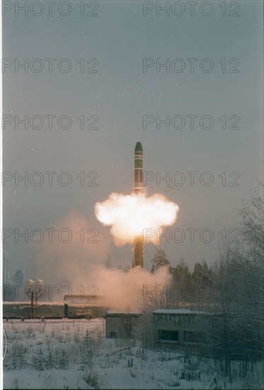 A training launching of a solid-propellant intercontinental ballistic missile rs-22b (ss-24) from a combat railway missile complex , russian strategic missile forces were formed in december 17,1959 , they proved their combat effectiveness in the modern warfare, december 10, 2002, russia.