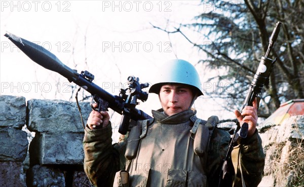 Georgia, january 26 2003: a servicemen is on guard at the 305th block-post of russian peacekeepers in georgia-abkhazia conflict zone