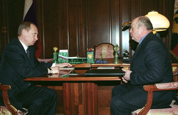 Russian president vladimir putin during a meeting with mikhail fradkov (r) former head of the federal tax police service who was appointed russia’s representative at the european union, 3/03, vladimir rodionov .