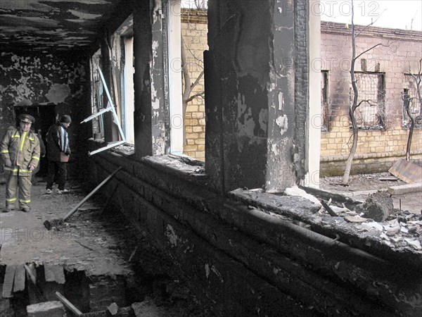 Makhachkala, russia, april 10, 2003 , picture shows the place of tragedy in a boarding school for deaf and dumb children which was ablazed on thursday having killed 28 people , over a hundred children were taken to the hospitals.