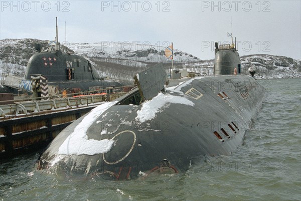Russian nuclear-powered sub polyarnyye zori of the northern fleet pictured upon her return to the naval base in the murmansk region after having successfully completed her training mission, murmansk, russia, april 23,2003.