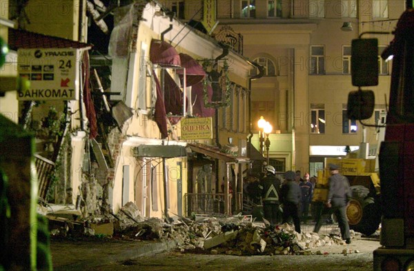 Caption: tas03: moscow, russia, may 13, 2003, a view of the accident site in central arbat street, where 14 people were injured as a result of a gas explosion on monday evening,the two-storey building that housed a georgian restaurant was seriously damaged by the blast, (photo itar-tass/ konstantin kizhel) .