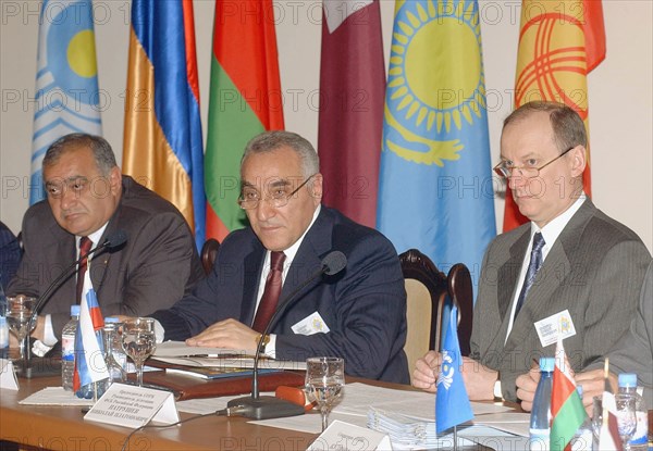 Armenian prime minister andronik margarian (left), the head of the national security service karlos petrosyan (center) and federal security service director nikolai patrushev (r) at the regular  conference of chiefs of national security services of the cis countries  opened on june 3, 2003, yerevan, armenia.