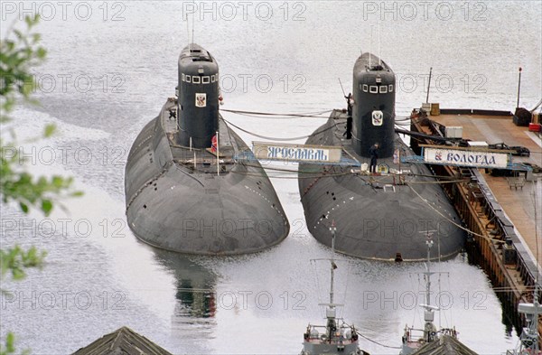 Yaroslavl' and 'vologda' submarines of submarine brigade of kola peninsula flotilla (northern fleet) on the eve of navy's day and the 70th anniversary of the brigade, murmansk region, russia, july 24,2003.