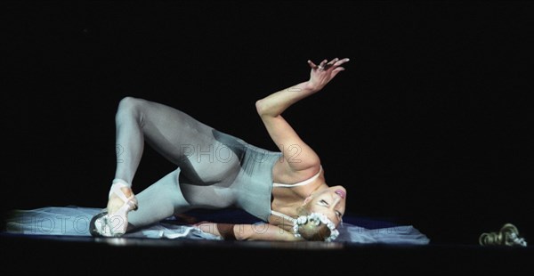 Ballerina anastasia volochkova dances in the 'stairs to the sky' ballet-fantasy on the stage of the kremlin palace on thursday, 11,2003  .