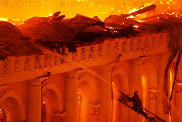 April 2004: devastating fire at central manezh exhibition hall, moscow, russia.