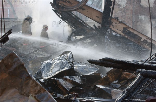 April 2004: aftermath of devastating fire at central manezh exhibition hall, moscow, russia.