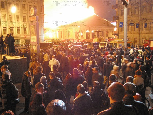 April 2004: devastating fire at central manezh exhibition hall, moscow, russia.