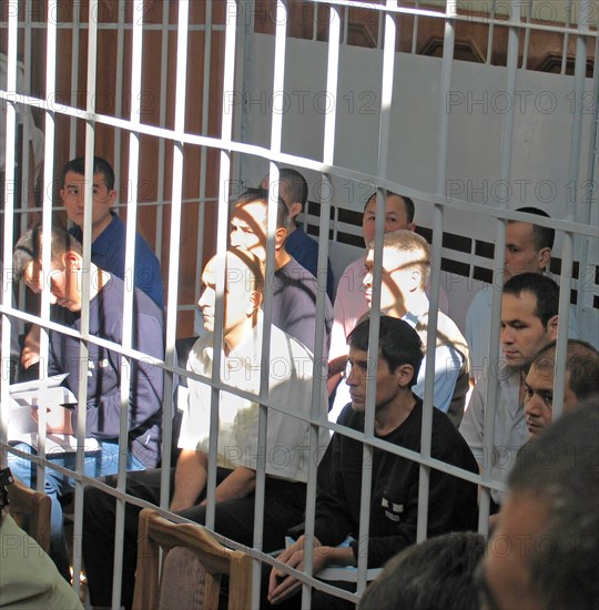 Tashkent, uzbekistan, rebels involved in mass disturbances in andizhan in may, 2005 appear in the supreme court of uzbekistan, the court found them guilty of terrorism, an attempted coup d'etat and unlawful takeover of administrative buildings, defendants awaiting trial session.