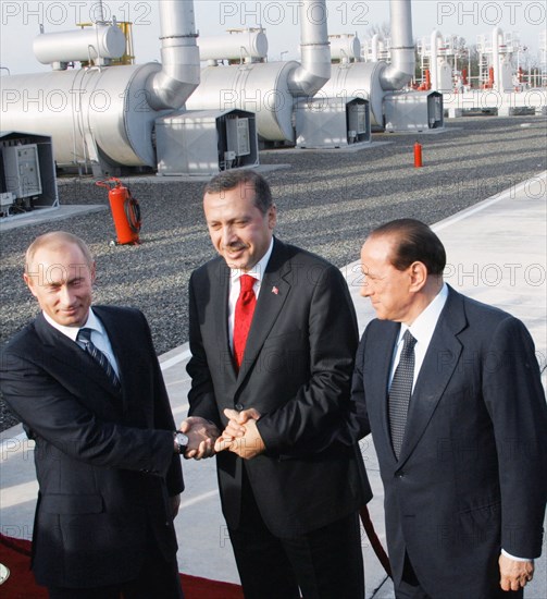 Russian president vladimir putin, prime minister of turkey recep tayyip erdogan and italian prime minister silvio berlusconi attend the official opening ceremony of the blue stream gas pipeline at the durusu gas terminal, samsun, turkey, 11/05.