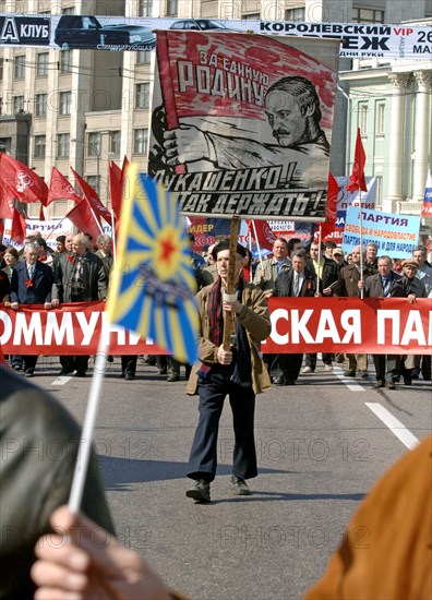 Activists of the working russia party and freedom and people power party participate in a may day rally in the centre of moscow, russia, may 1, 2006.