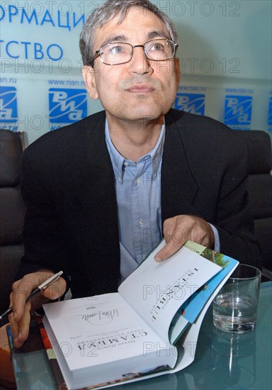 Acclaimed turkish novelist orhan pamuk holding a press conference in moscow marking the russian release of his book “istanbul: memories and the city”.