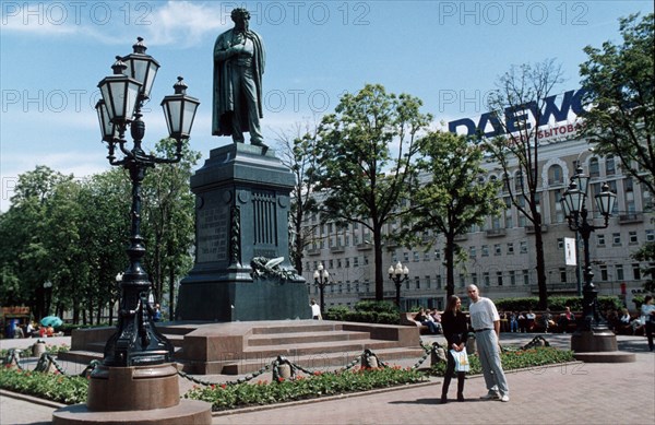 Pushkin square, moscow, june 2000, statue of pushkin by a, m, opekushin which was unveiled 120 years ago.