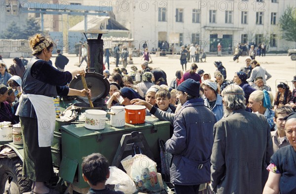 Humanitarian aid in the form of field kitchens set up to help feed the residents of grozny, chechnya, july 2000.