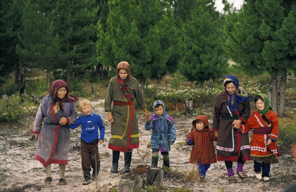 Khanty children visit their parents at a nomadic camp during their summer vacation, tyumen region, siberia, 1997.