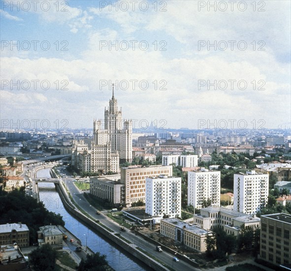 Aerial view of moscow university (lomonosov university), moscow, ussr.