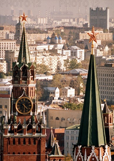 Moscow, oct, 1998: spasskaya (left) and st, nicholas towers of the kremlin.