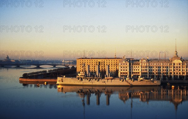 The historical cruiser aurora at the mouth of the neva river in st, petersburg, russia.