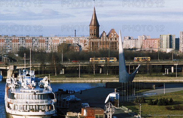 A pleasure boat in port in kaliningrad, russia on the baltic sea.