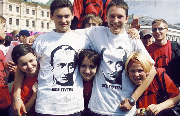 Members of the youth orginization 'going together' celebrating the 2nd anniversary of the group's formation in vasilyevsky spusk on may 7th, founded on the day of president putin's inaugeration, the group now has nearly 100,000 members throughout russia.