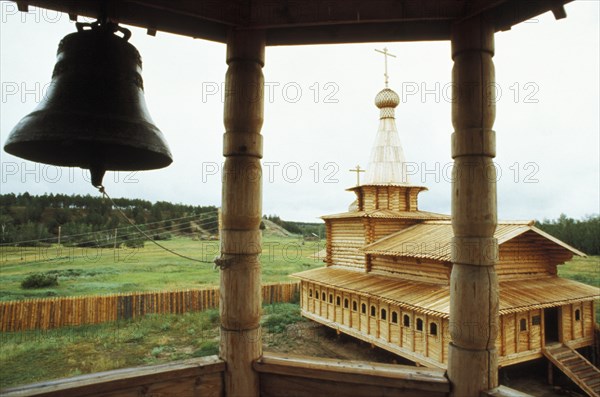 A renovated 17th century church in the open-air museum of wooden architecture in sottintsy near yakutsk, siberia, russia.