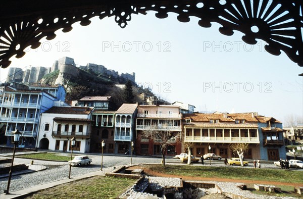 The ruins of narikala fortress overlooking the old town section of tbilisi, georgia.