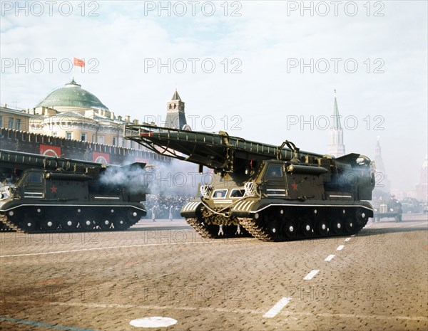 Motorized ballistic missile launchers bearing scud a tactical nuclear missiles at a military parade in red square celebrating the anniversary of the great october socialist revolution on november 7, moscow, ussr, early 1980s.