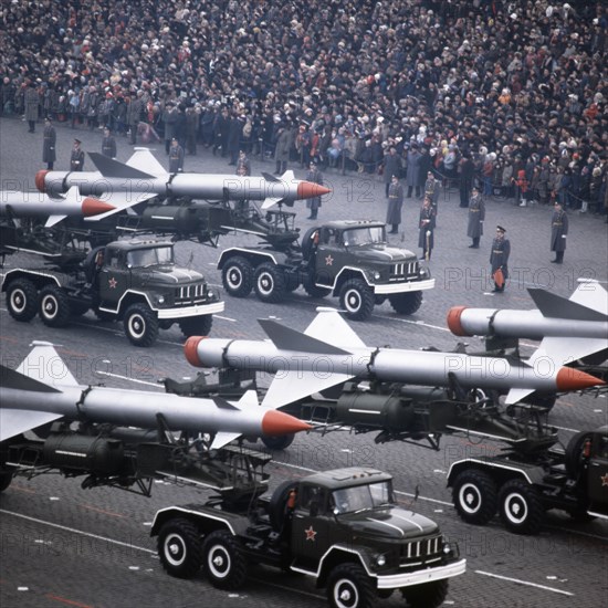 Trucks bearing sa-13 gopher surface -to-air missiles at a military parade in red square on may 9, 1985, moscow, ussr.