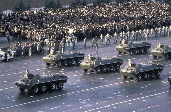 Moscow, november 7, 1980, btr-70 armored troop carriers on parade in red square.