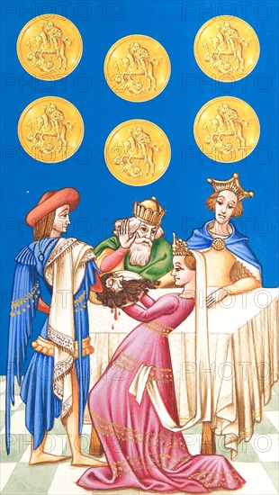 Creative illustration Middle Age in tarots. Salome with the Head of John the Baptist.