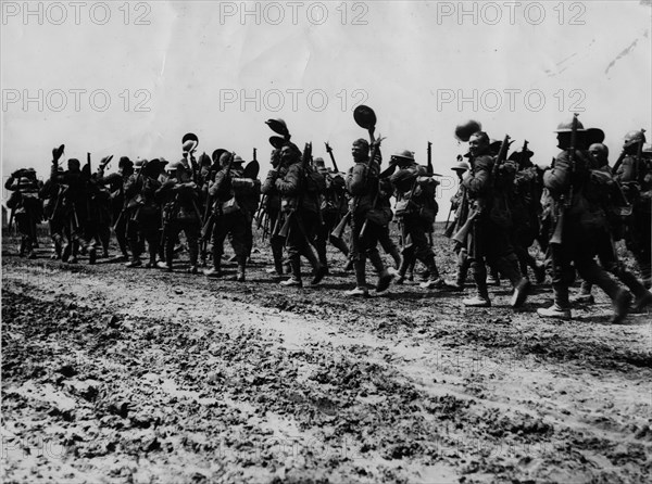 British troops march to front.