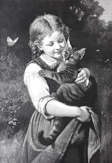 A Small Girl Hugging His Cat In The Garden