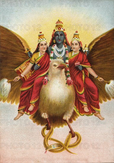 God Vishnu rides on his vehicle Garuda with two wives