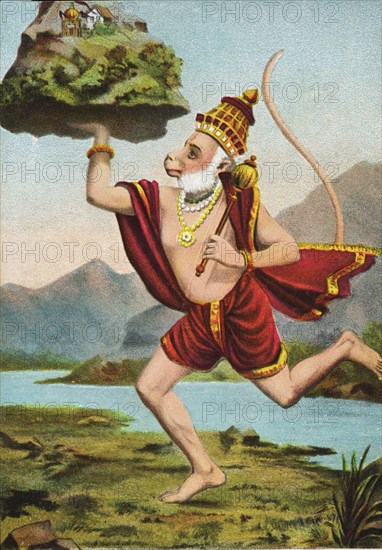 Monkey God Hanuman carrying Sanjeevani Parvat (Hill) containing Sanjeevani Herbs to cure Lakshman