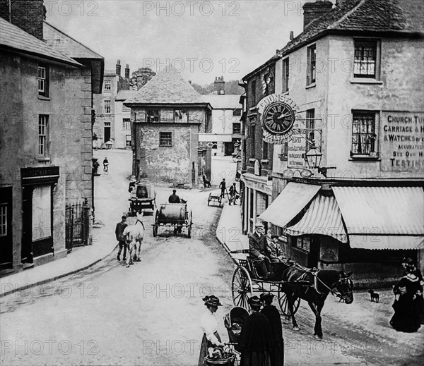 A clockmaker shop and mechanical clock depicted from a magic lantern slide circa 1900; Faringdon