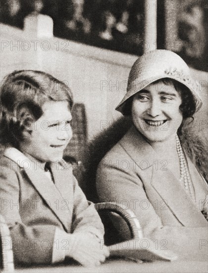 Princess Elizabeth of York with her mother the Duchess of York at the rehearsal of the Aldershot Tattoo in 1932