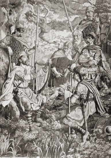 King Alfred disguised as a strolling minstrel and playing the harp in the Danish camp of Guthrum