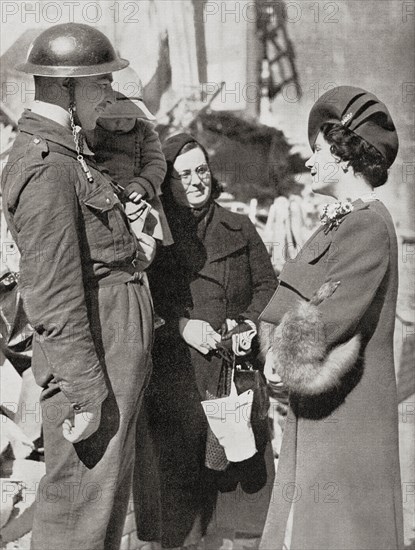 Queen Elizabeth visiting Britain's bombed towns during WWII