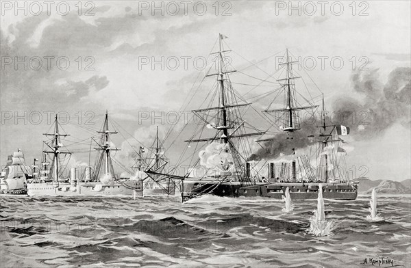The engagement between the Peruvian ship Huáscar and Chilean warships at the The Battle of Angamos