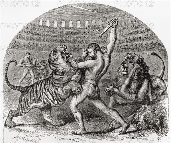Gladiators fighting against wild animals in ancient Rome
